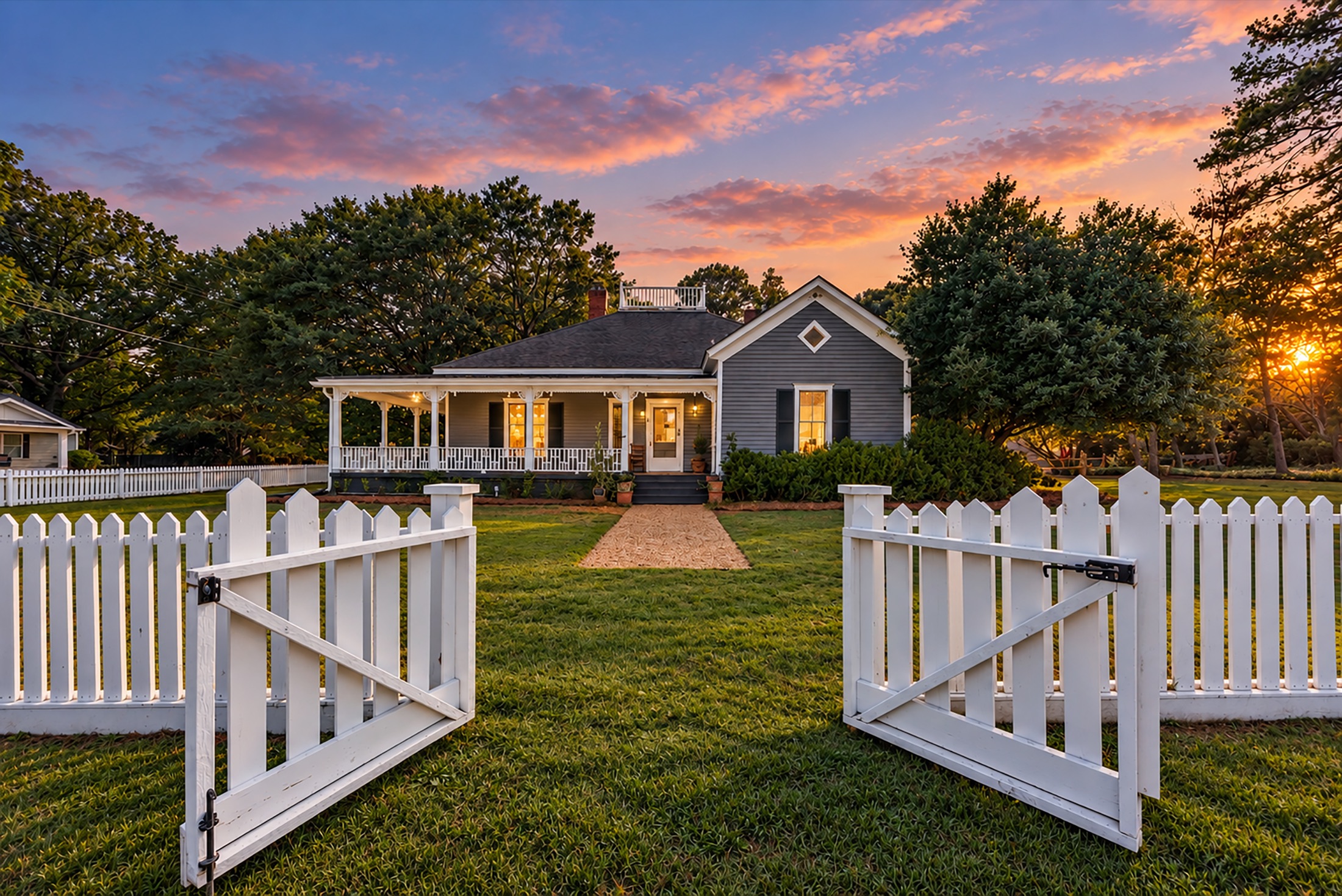 A gray farmhouse with a wide front porch at sunset, seen through an open white picket gate